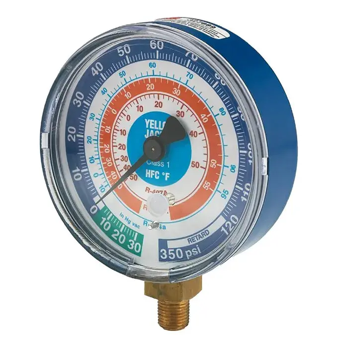 3-1/8" Dry Compound Gauge, Blue °F And °C, Bar/Psi, 1/8" Npt Male Connection, R32/410A 1