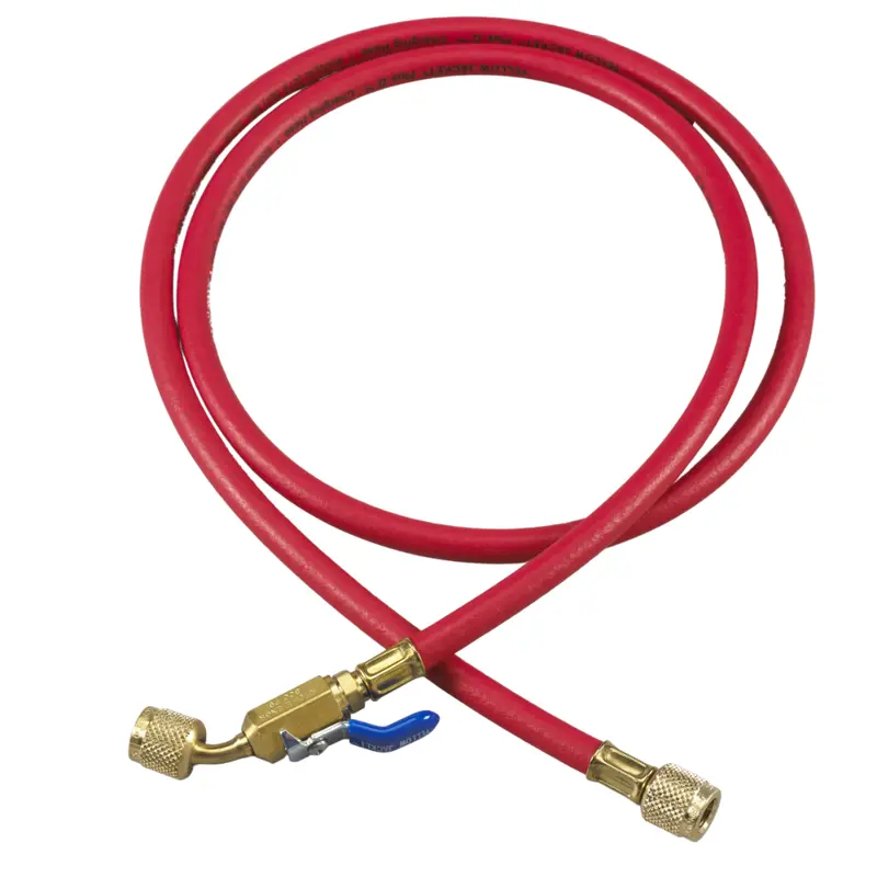 60" Charging Hose With Compact Ball Valve End - Low Loss: 1/4 In Female Connection Size, 0° Angle - Red 1