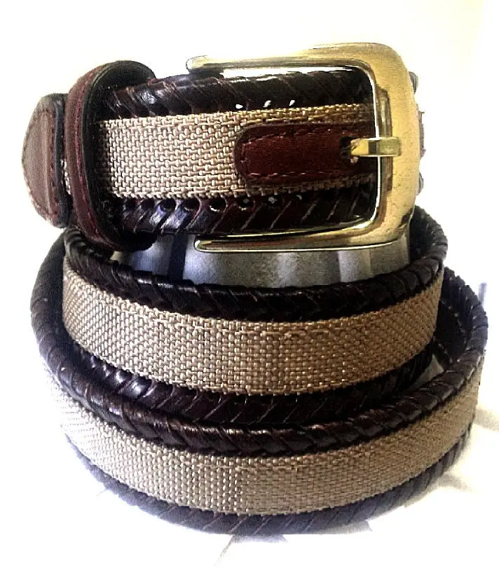 Brown/Khaki Leather Inlay Casual Fashion Belt- Size 32 1