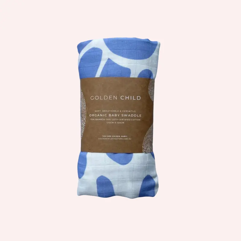 Holiday Organic Baby Swaddle - Golden Blue 1