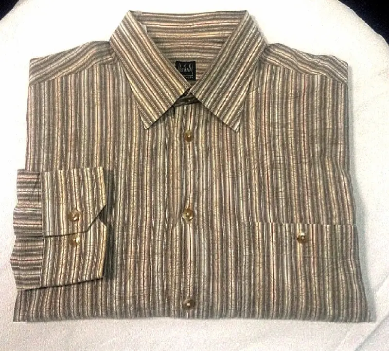 Ike Behar- Brown Stripe/Paisley 100% Cotton Bu Dress Shirt- Size L 1