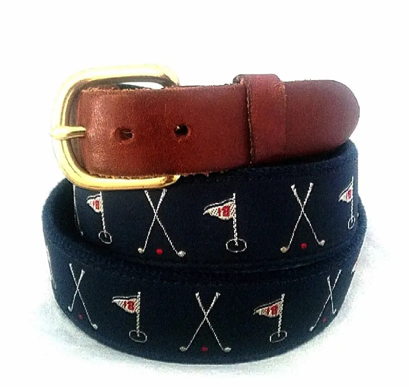 Leather Man Ltd, Usa- Navy Canvas/Leather '18Th Hole' Golf Novelty Belt- Size 38 1