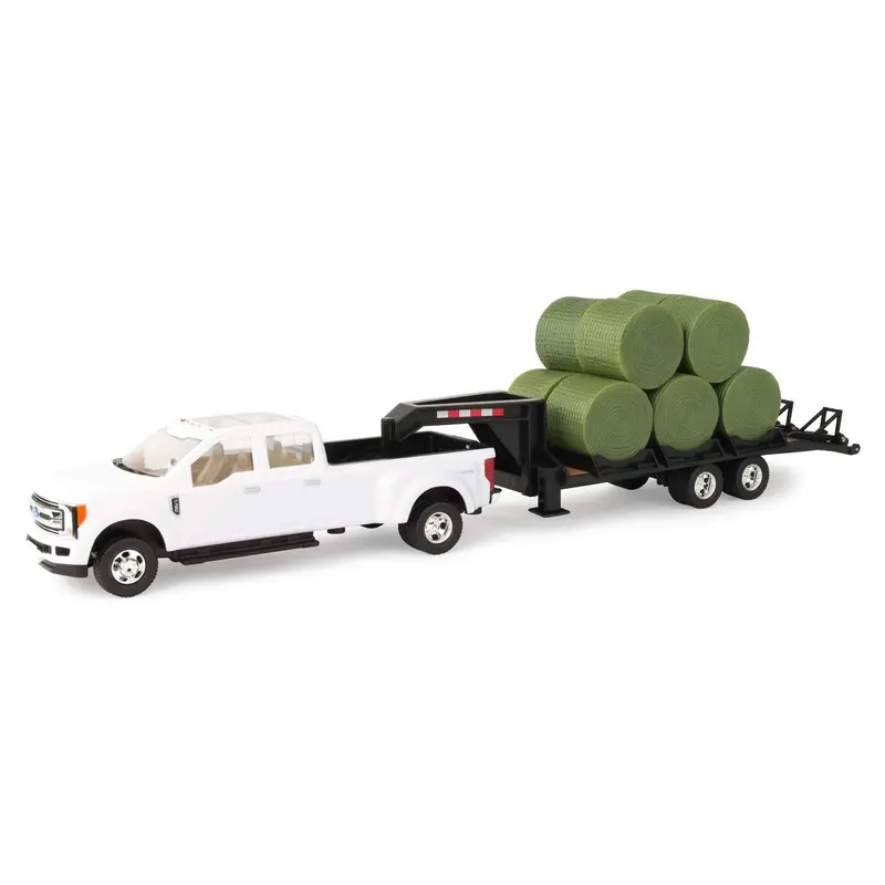 Tomy John Deere Ford Pickup With Gooseneck Trailer With Bales & Bale Holder, White, Green 1