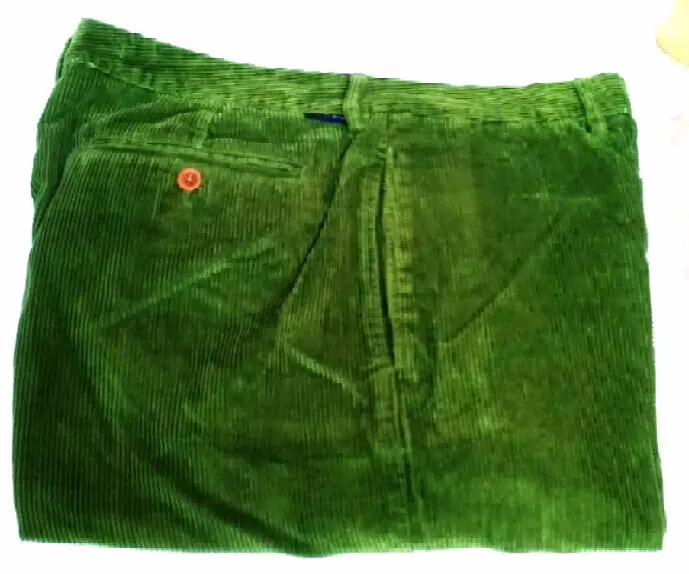Vintage Nautica 'Clipper'-Green Corduroy Plain Front Casual Trousers- Size 36X30 1