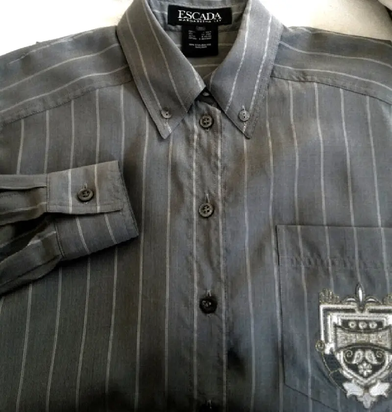 Women's Escada By Margaretha Ley- Gray Stripe 100% Silk Blouse- Size 36 (M) 1