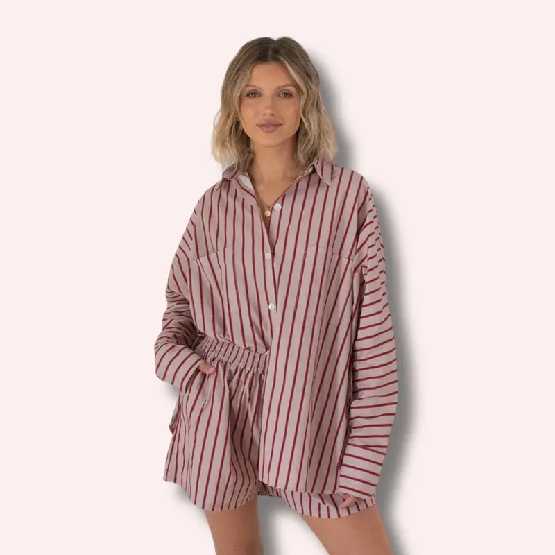 Women's Isla Stripe Cotton Set - Pale Blush/Deep Red Stripe 1
