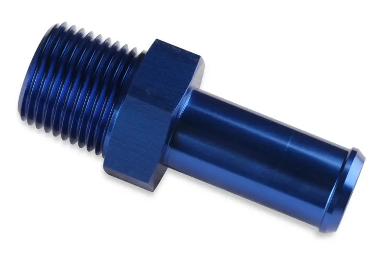 Mr. Gasket Anodized Blue Barb Fitting – 3/8" Hose To 1/4" Male Npt, Straight 1