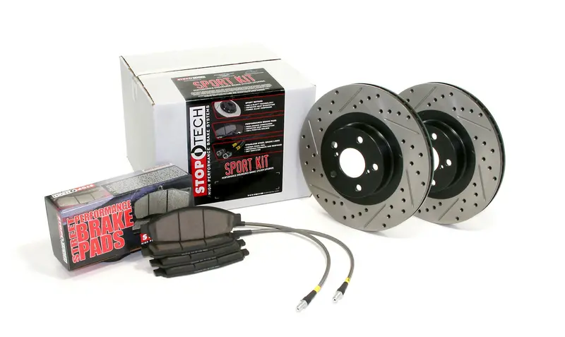Stoptech 978.47003F Sport Brake Kit – Slotted And Drilled Rotors With Braided Lines, Front Axle Package 1